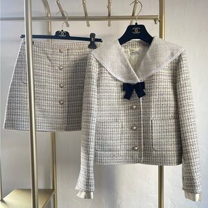 🚩steal Authentic Miumiu Cream and Black Checkered Blazer with Navy Bow